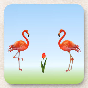 Pink Flamingos & Tulip Flower on Light Blue Coaster