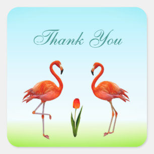 Pink Flamingos & Tulip Flower Thank You Square Sticker