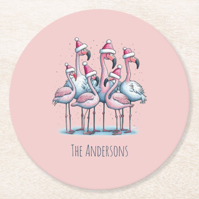 Pink Flamingos Wearing Santa Hats Round Coaster (Front)