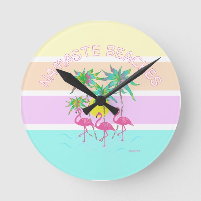 Pink Flamingos with Palms, Namaste Beaches, Cool Round Clock (Front)