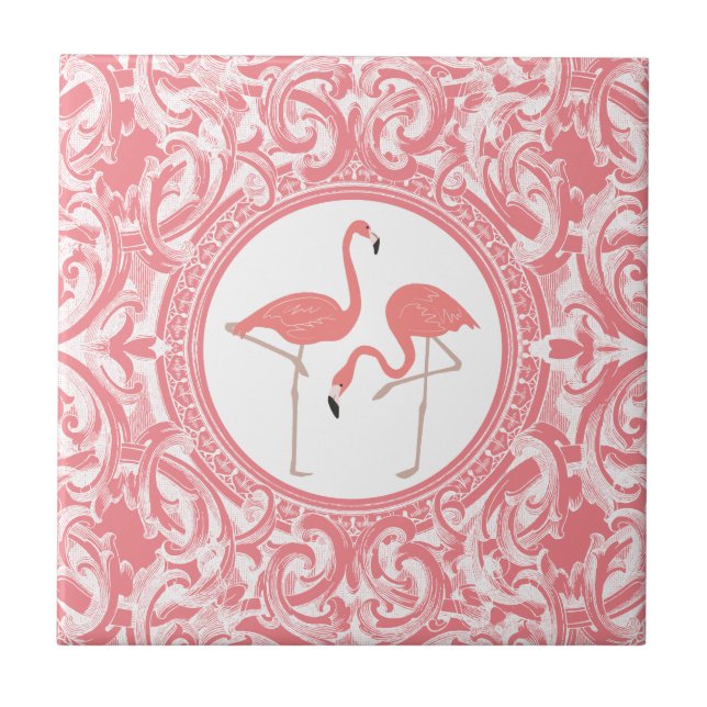 Pink Flamingos With Pink And White Floral Swirls Tile (Front)