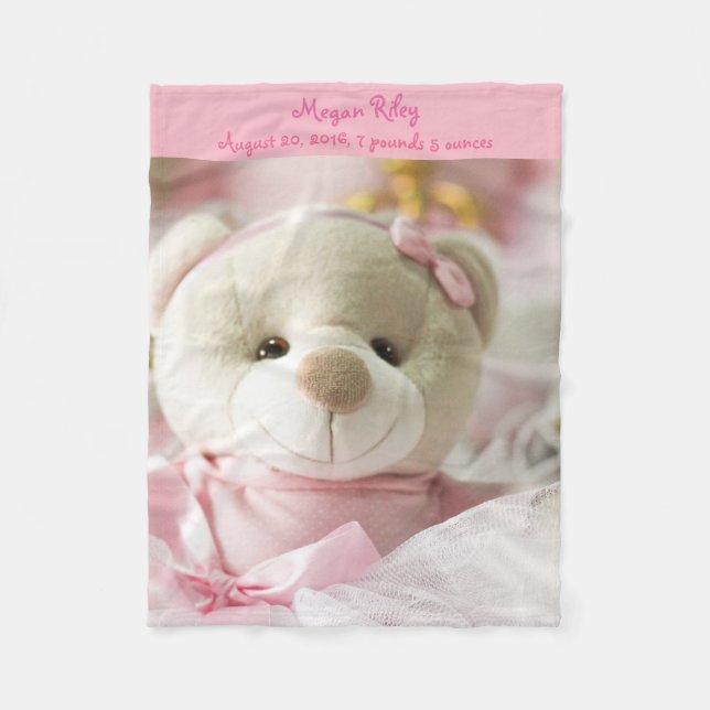 Pink Fleece Blanket Baby Girl Teddy Bear (Front)