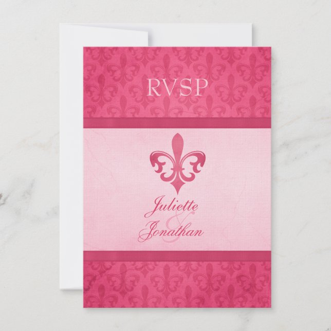 Pink Fleur De Lis formal wedding RSVP Invitation (Front)