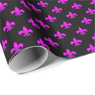 Pink Fleur-de-lis on Black Wrapping Paper