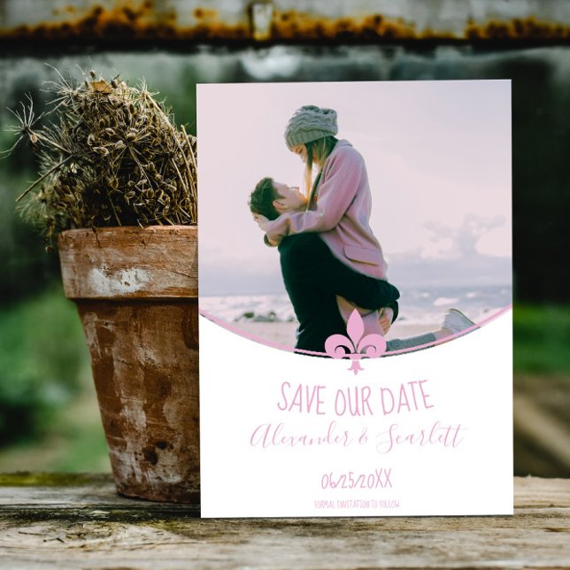 Pink Fleur de Lis Photo Save The Date Announcement (Pink Fleur de Lis Photo Save the Date)