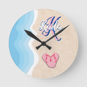 Pink Flip-flops on the Beach Round Clock