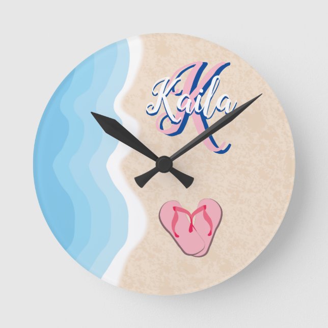 Pink Flip-flops on the Beach Round Clock (Front)