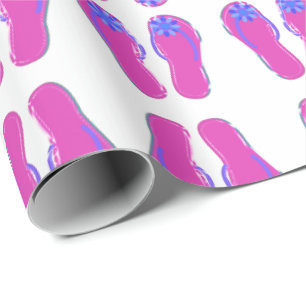 pink flip-flops with blue flower wrapping paper