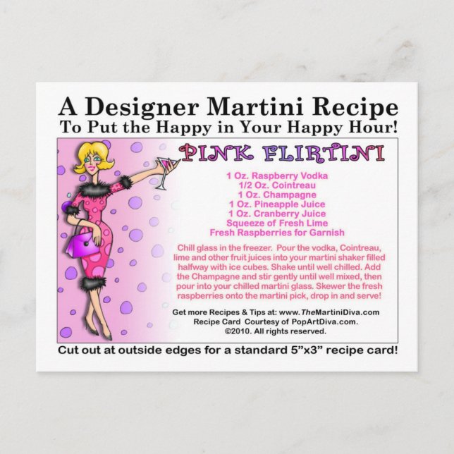 Pink Flirtini Martini Recipe Card Postcard (Front)
