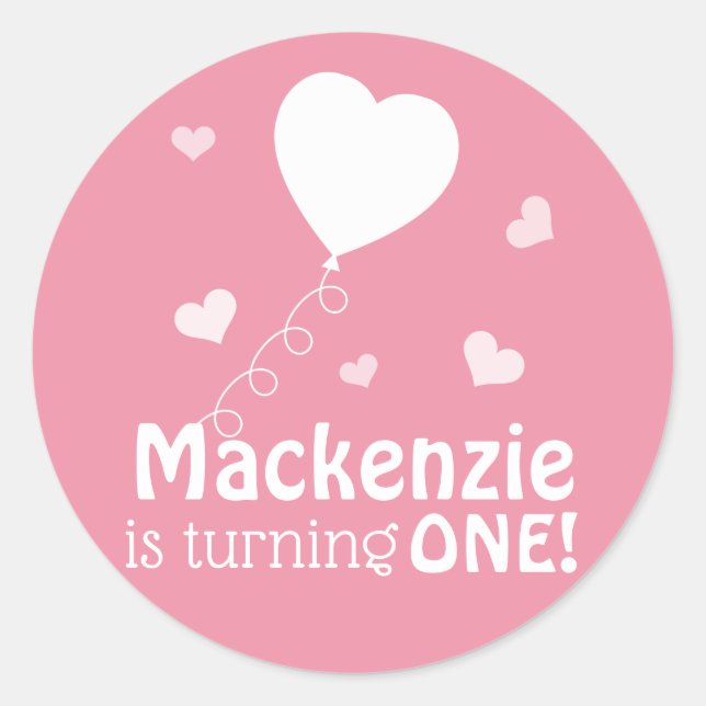 Pink Floating Hearts First Birthday Personalised Classic Round Sticker (Front)