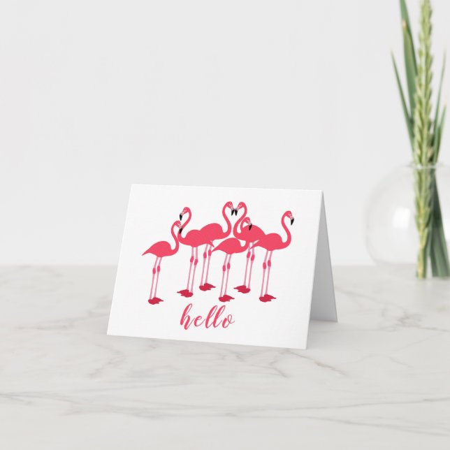 Pink Flock Of Flamingos "Hello" Note Card (Front)