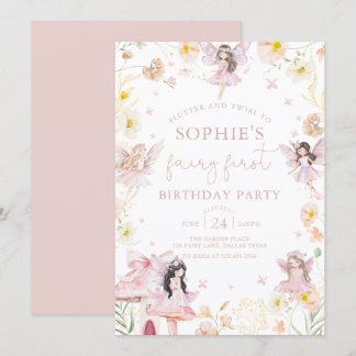 Pink Flora Fairy First Birthday Invitation