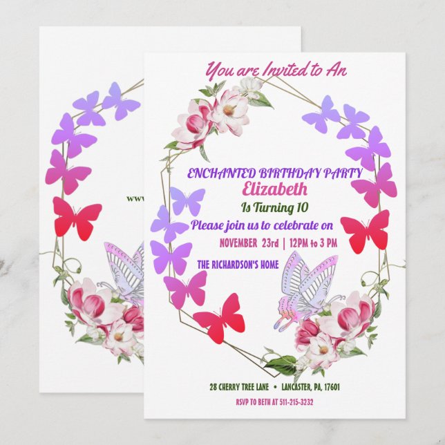 Pink Flora Purple Butterflies Kid's Birthday Party Invitation (Front/Back)