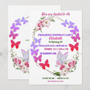 Pink Flora Purple Butterflies Kid's Birthday Party Invitation