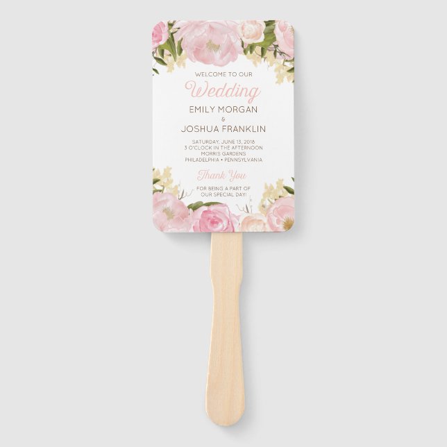 Pink Flora Wedding Program Fan (Front)