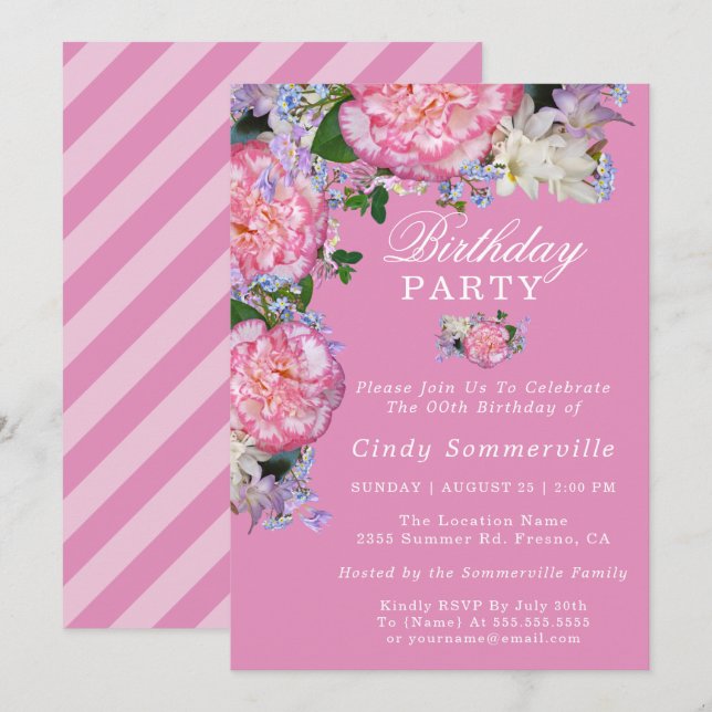 Pink Floral 00th Birthday Party Invitation (Front/Back)