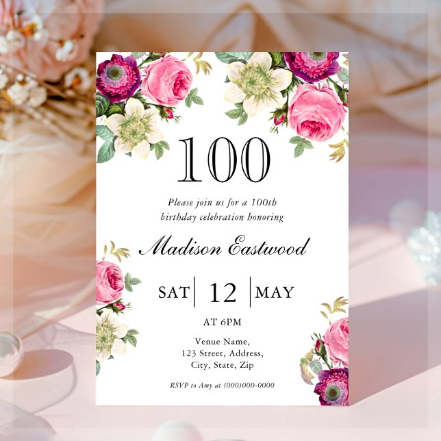 Pink Floral 100th Birthday Invitation (Creator Uploaded)