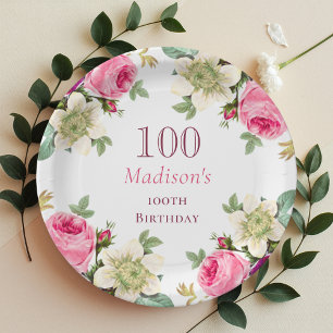Pink Floral 100th Birthday  Paper Plate