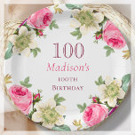Pink Floral 100th Birthday  Paper Plate<br><div class="desc">Pink Floral 100th Birthday paper plates.</div>