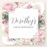 Pink Floral 100th Birthday Party Custom Square Paper Coaster<br><div class="desc">Soft blush pink roses and bright pink buds create a beautifully rustic floral frame. White hydrangeas at to the floral bloom. The birthday woman's name is written in a large script font. 100th Birthday follows. This birthday coaster is part of the 100th Birthday Pink Rose Floral collection. It contains many...</div>