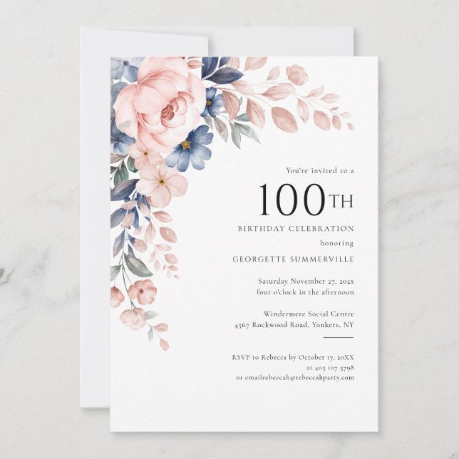 Pink Floral 100th Birthday Party Invitation (Front)