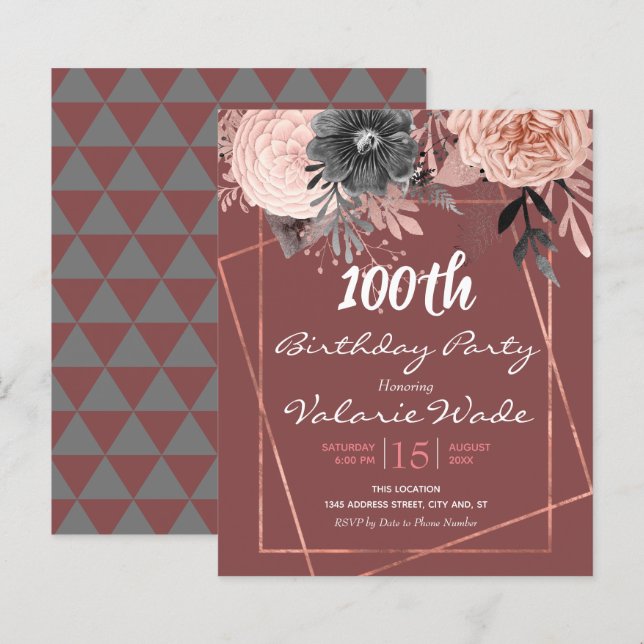 Pink Floral 100th Birthday Party Invitation (Front/Back)