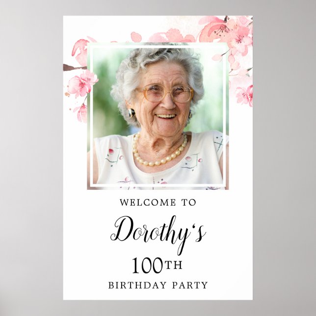 Pink Floral 100th Birthday Party Photo Welcome Poster (Front)