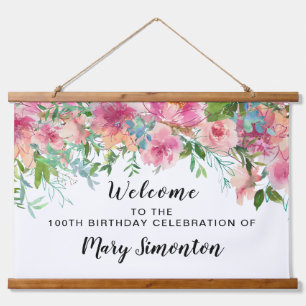 Pink Floral 100th Birthday Party Welcome Banner Hanging Tapestry