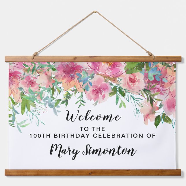 Pink Floral 100th Birthday Party Welcome Banner Hanging Tapestry (Front)