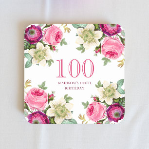 Pink Floral 100th Birthday Square Paper Coaster