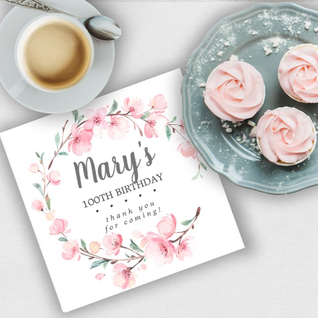 Pink Floral 100th Birthday Thank You Napkin (Creator Uploaded)