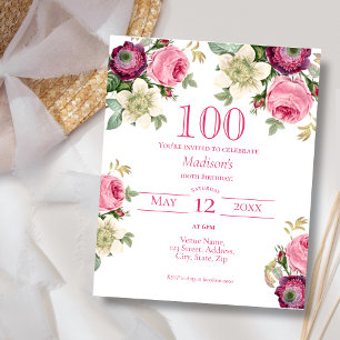 Pink Floral   100th Budget Birthday Invitation
