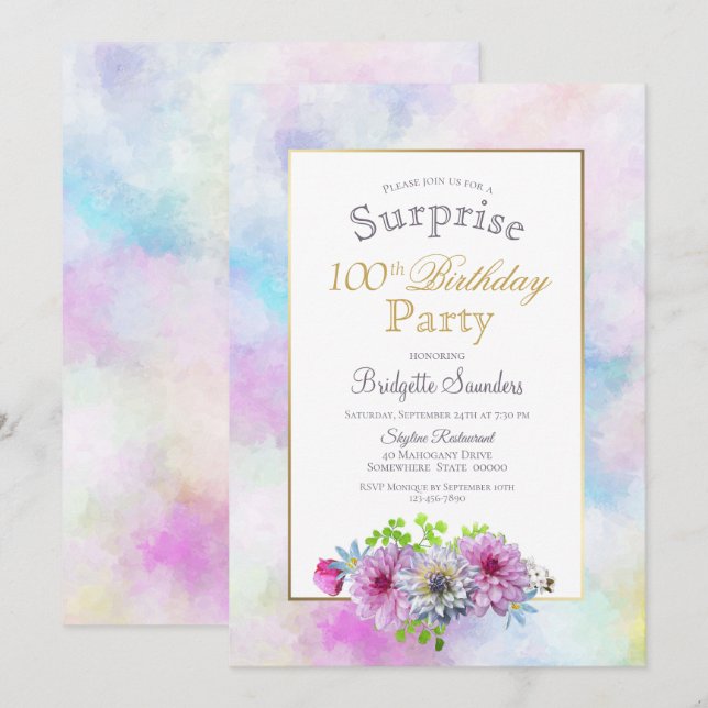 Pink Floral 100th Surprise Birthday Party Invitation (Front/Back)