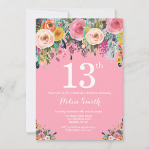 Pink Floral 13th Birthday Invitation