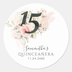 Pink Floral 15th Birthday Quinceanera Greenery Classic Round Sticker