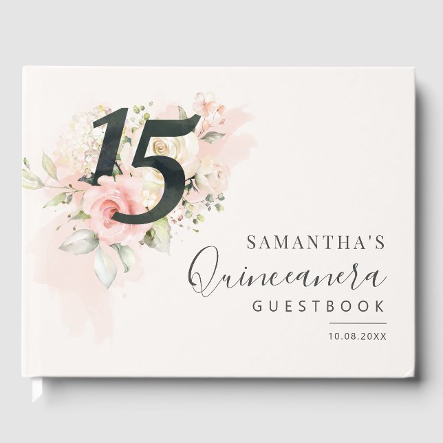 Pink Floral 15th Birthday Qunceanera Guest Book (Front)