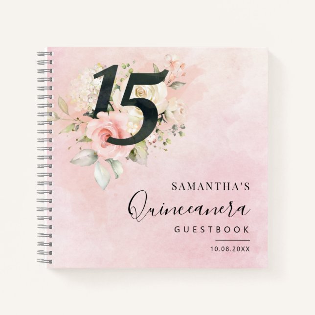 Pink Floral 15th Birthday Script Party Guest Book (Front)