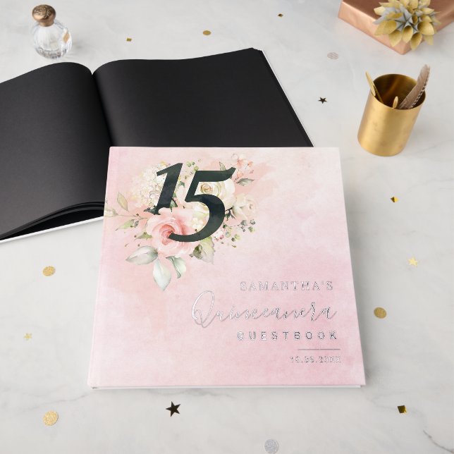 Pink Floral 15th Birthday Script Party Silver Foil Guest Book (Front Open)