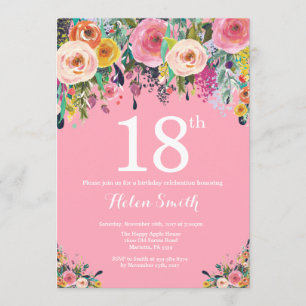 Pink Floral 18th Birthday Invitation