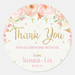 Pink Floral 1st Birthday Baby Shower Thank You Classic Round Sticker