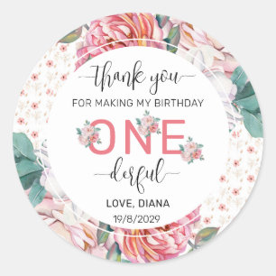 Pink Floral 1st Birthday Classic Round Sticker