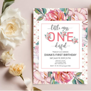 Pink Floral 1st Birthday Invitation