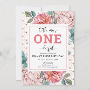 Pink Floral 1st Birthday Invitation