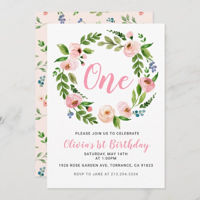 Pink Floral 1st Birthday Invitations | Peony Girl (Front/Back)