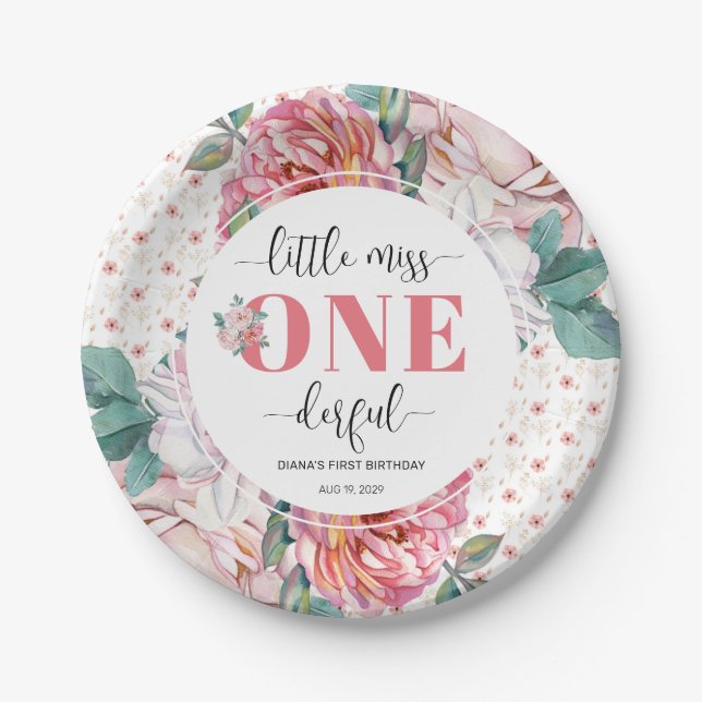 Pink Floral 1st Birthday Paper Plate (Front)