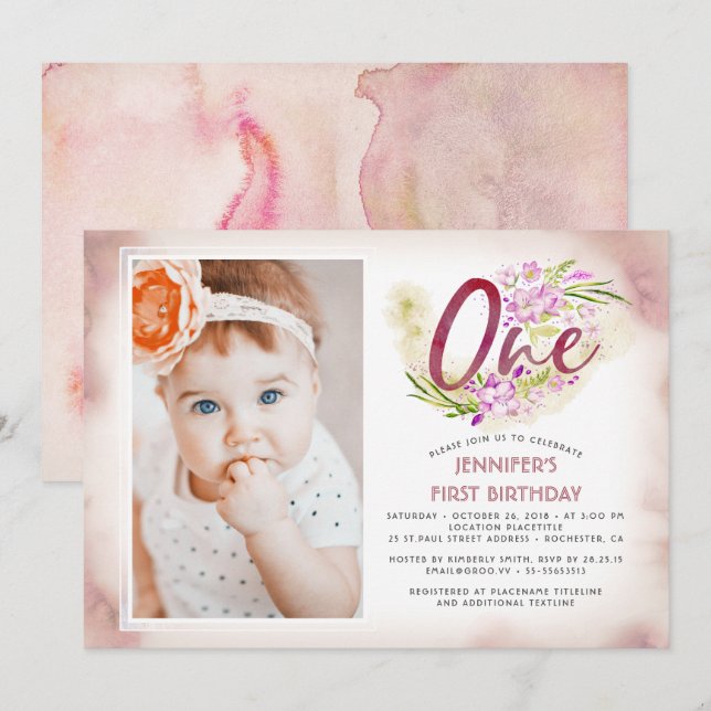 Pink Floral 1st Birthday Photo Invitation (Front/Back)
