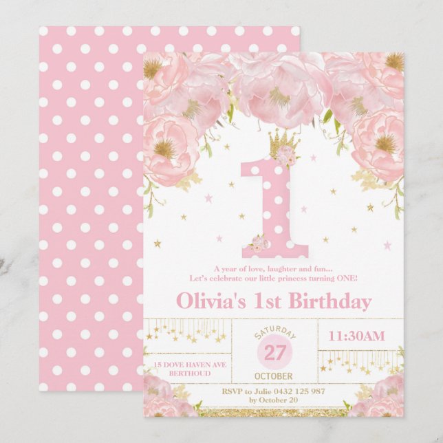 Pink Floral 1st Birthday Princess Invitation Girl (Front/Back)