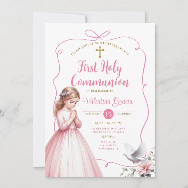 Pink Floral 1st Holy Communion Girl Praying Cross Invitation (Front)