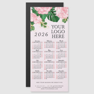 Pink Floral 2026 Calendar Magnet Add Business Logo