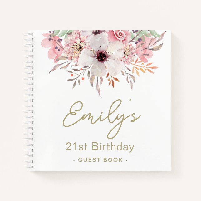 Pink Floral 21st Birthday Party Guest Book  (Front)